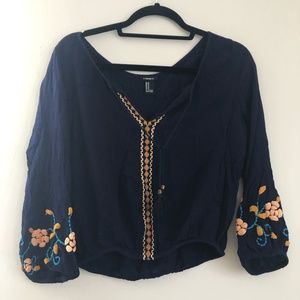 Navy Blouse with Floral Design